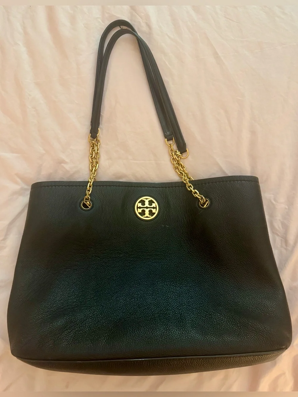 Tory Burch Carson Leather Tote Black Gold Chain